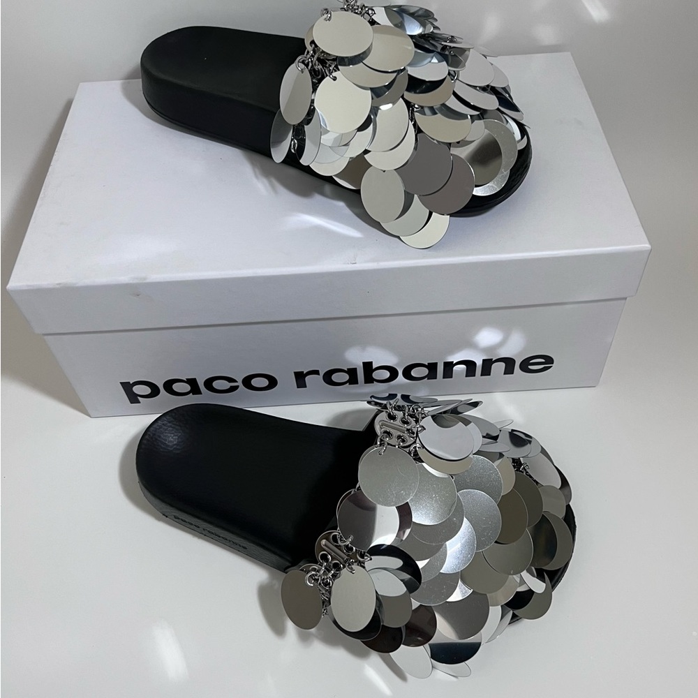 PACO RABANNE SILVER SPARKLE SANDALS $460
